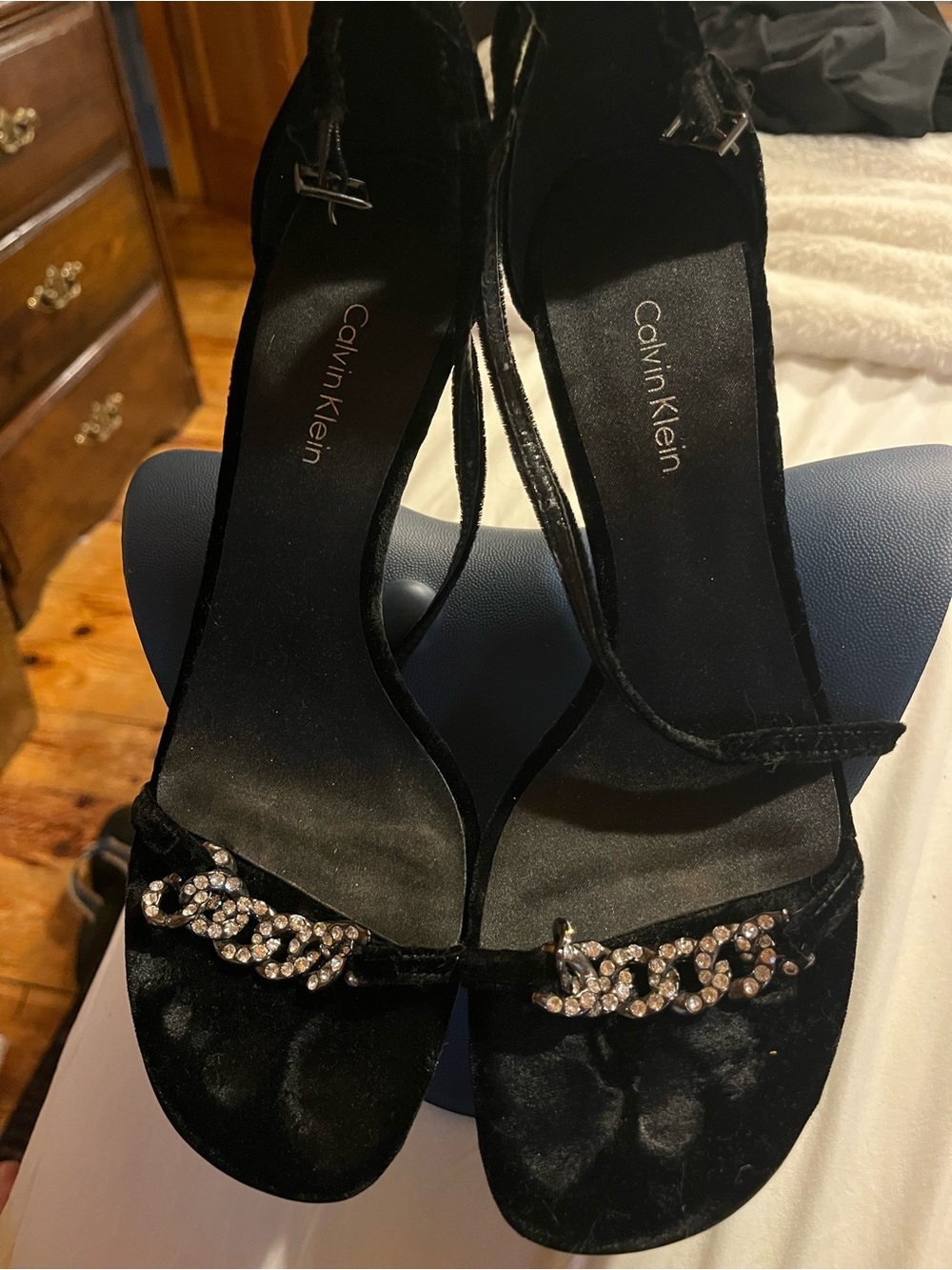 Calvin Klein Black Velvet Rhinestone-Trim Ankle-Strap 3.5”  Heels